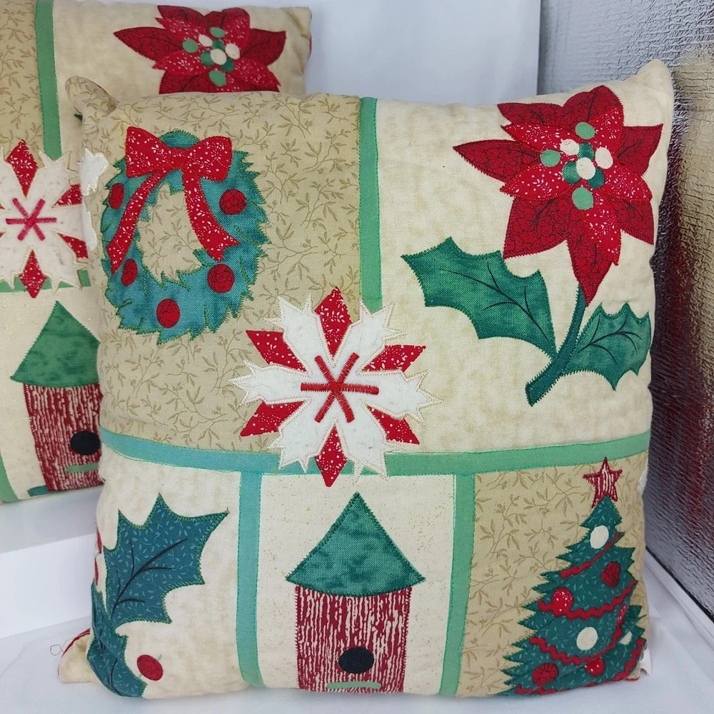 2 VTG Handmade Country Quilted Christmas‎ Accent Pillows 12